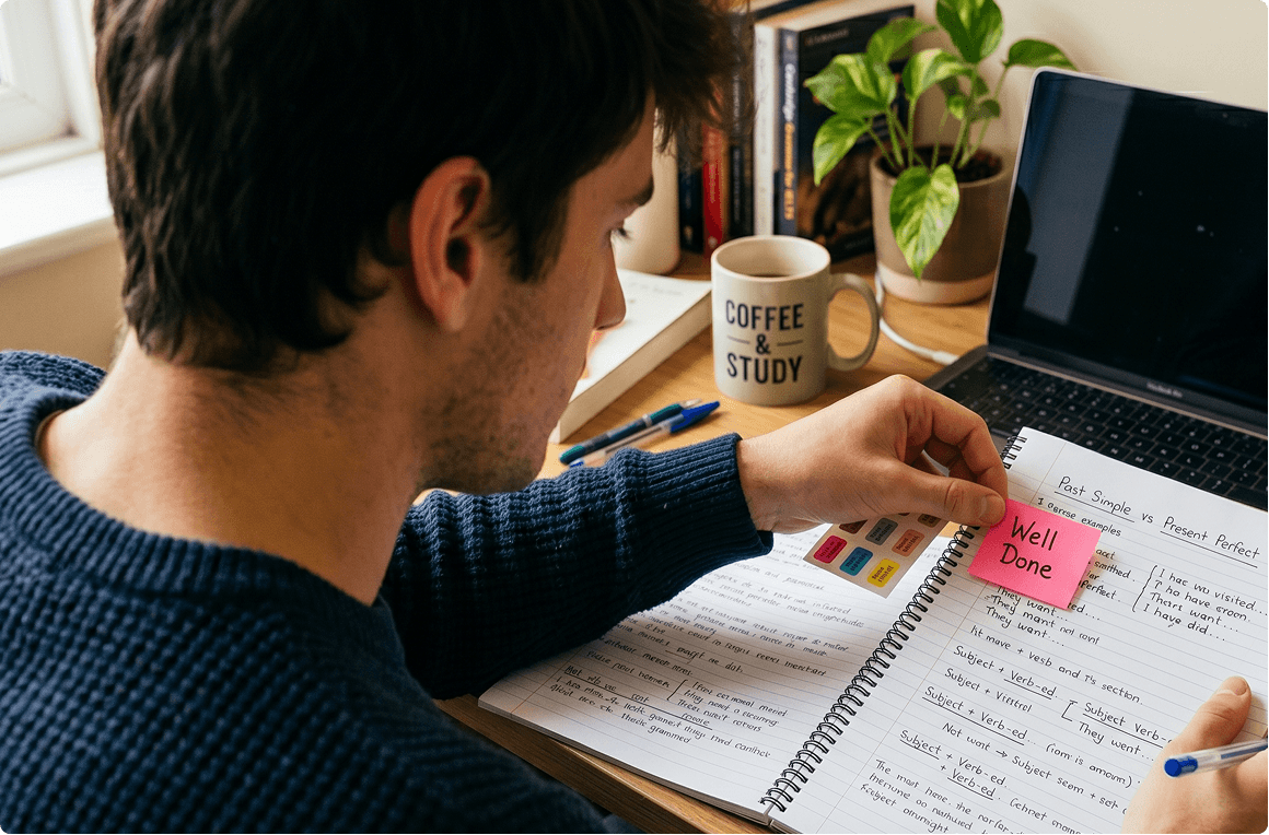 Student studying with a Well Done sticker in a notebook