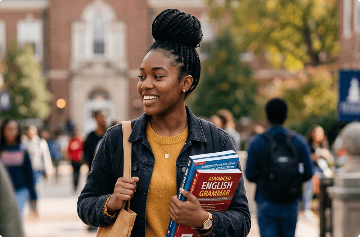 Student walking across campus with English textbooks